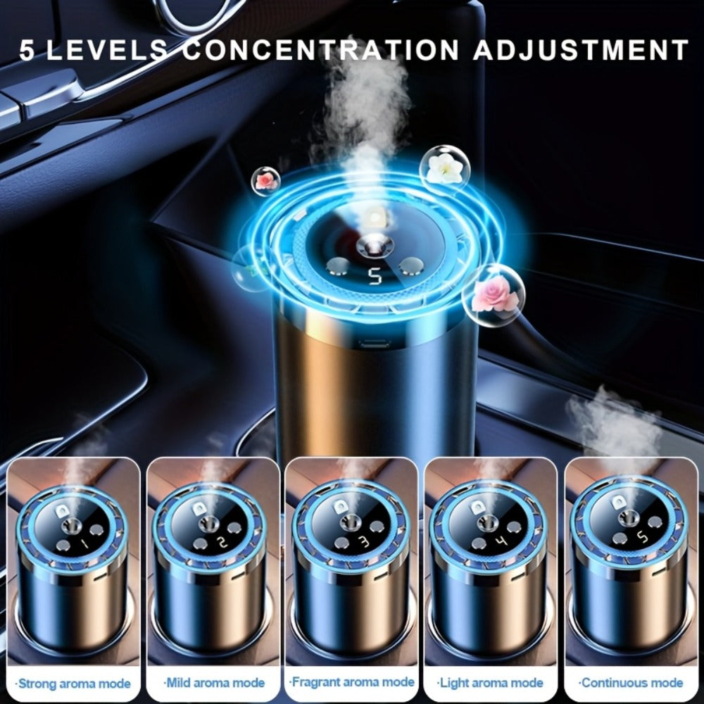 Car Aroma Diffuser Rechargeable with 3 Essential Oils – LED Light Auto Shutdown Silent Leak-Proof Odor Removal Fresh Fragrance Car Air Freshener