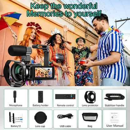 5K Vlogging Camera Camcorder 64MP WiFi for YouTube with IR Night Vision 18X Zoom 3 Inch Touch Screen Webcam External Microphone Remote Control 2 Batteries Loop Recording
