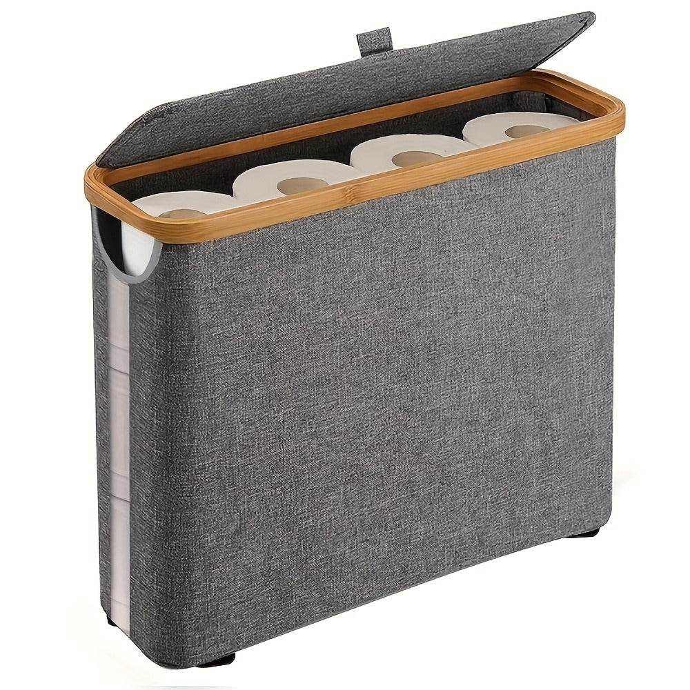 Enclosed Freestanding Toilet Paper Storage Bin with Fabric Sides, Bamboo-Look Rim and Fitted Lid in White