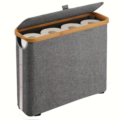 Enclosed Freestanding Toilet Paper Storage Bin with Fabric Sides, Bamboo-Look Rim and Fitted Lid in White