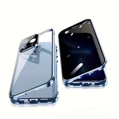 Phone Case Privacy Tempered Glass Cover with Aluminum Frame, Magnetic Snap Lock and Wireless Charging Support