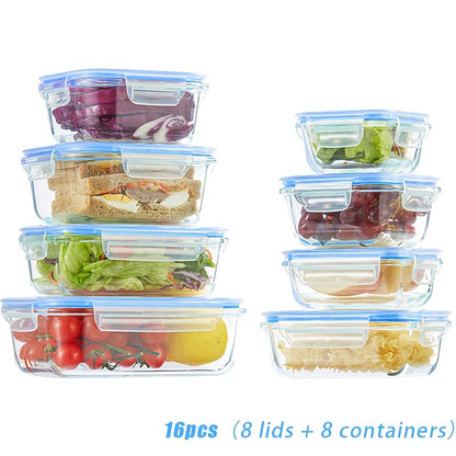 Glass Meal Prep Containers 16 Piece Set (8 Lids + 8 Containers) - Borosilicate Glass Food Storage with Leak Proof Lids, Oven Microwave Dishwasher Freezer Safe, BPA Free, Multiple Sizes