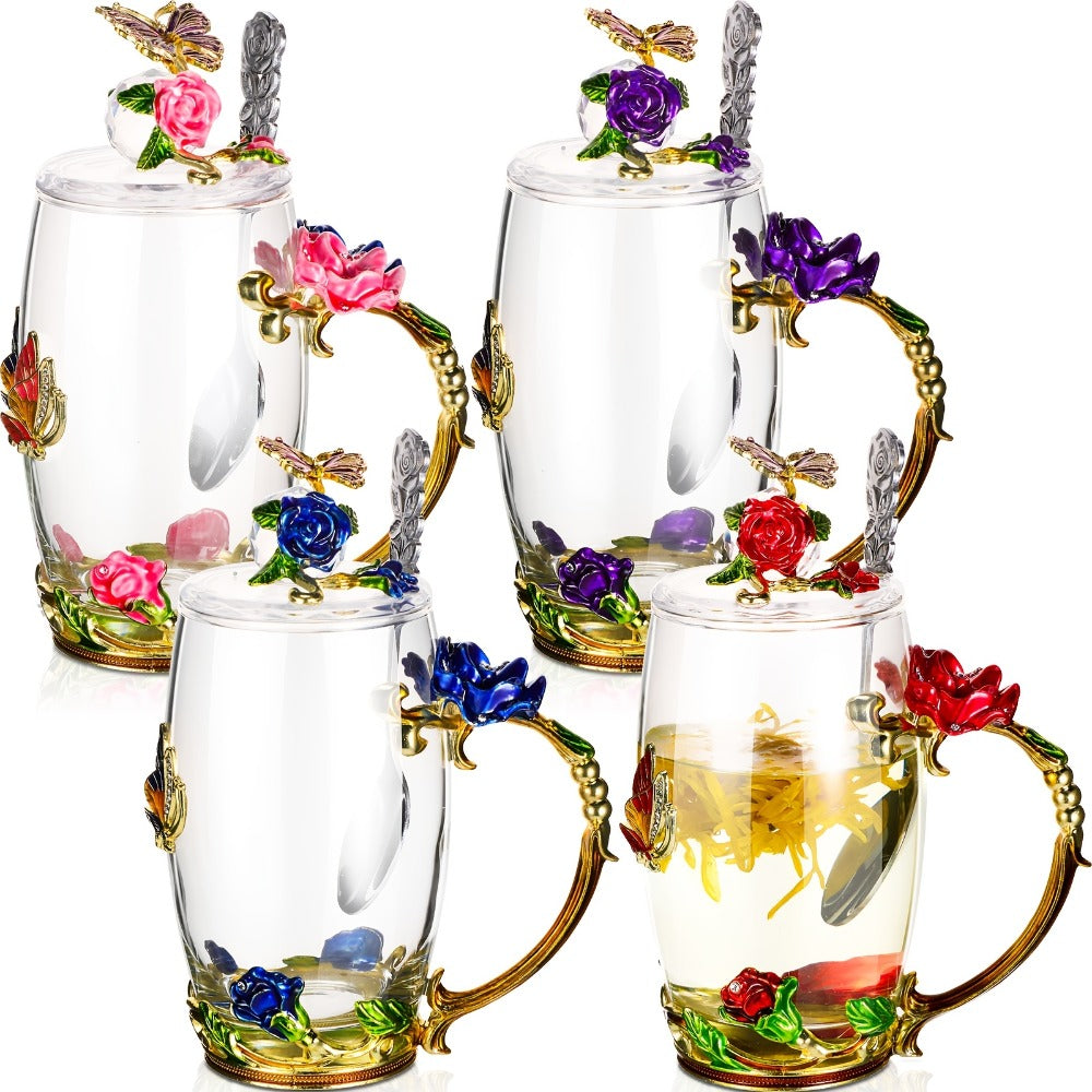 Four-Piece Floral Glass Tea Mug Set with Butterfly Lids, Rose Handles, Spoons and 12-Ounce Option