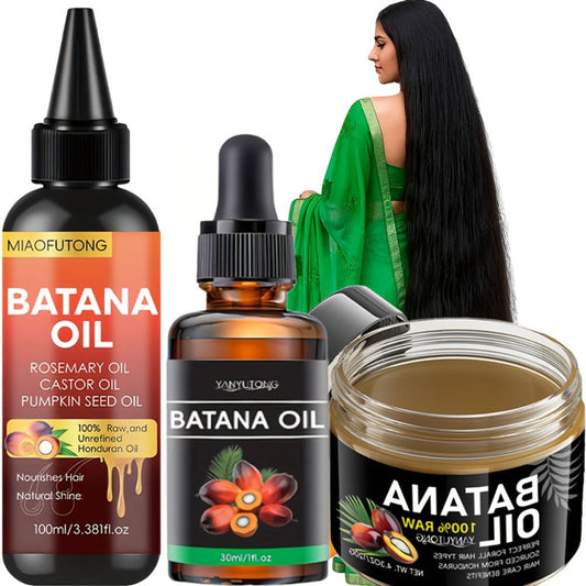 Batana Oil 3-Piece Hair Care Kit – Pure Cold-Pressed Honduras Batana Oil 3.38oz + Essential Oil 1.01oz + Hair Cream 120g, Scalp Repair, Anti-Breakage, All Hair Types