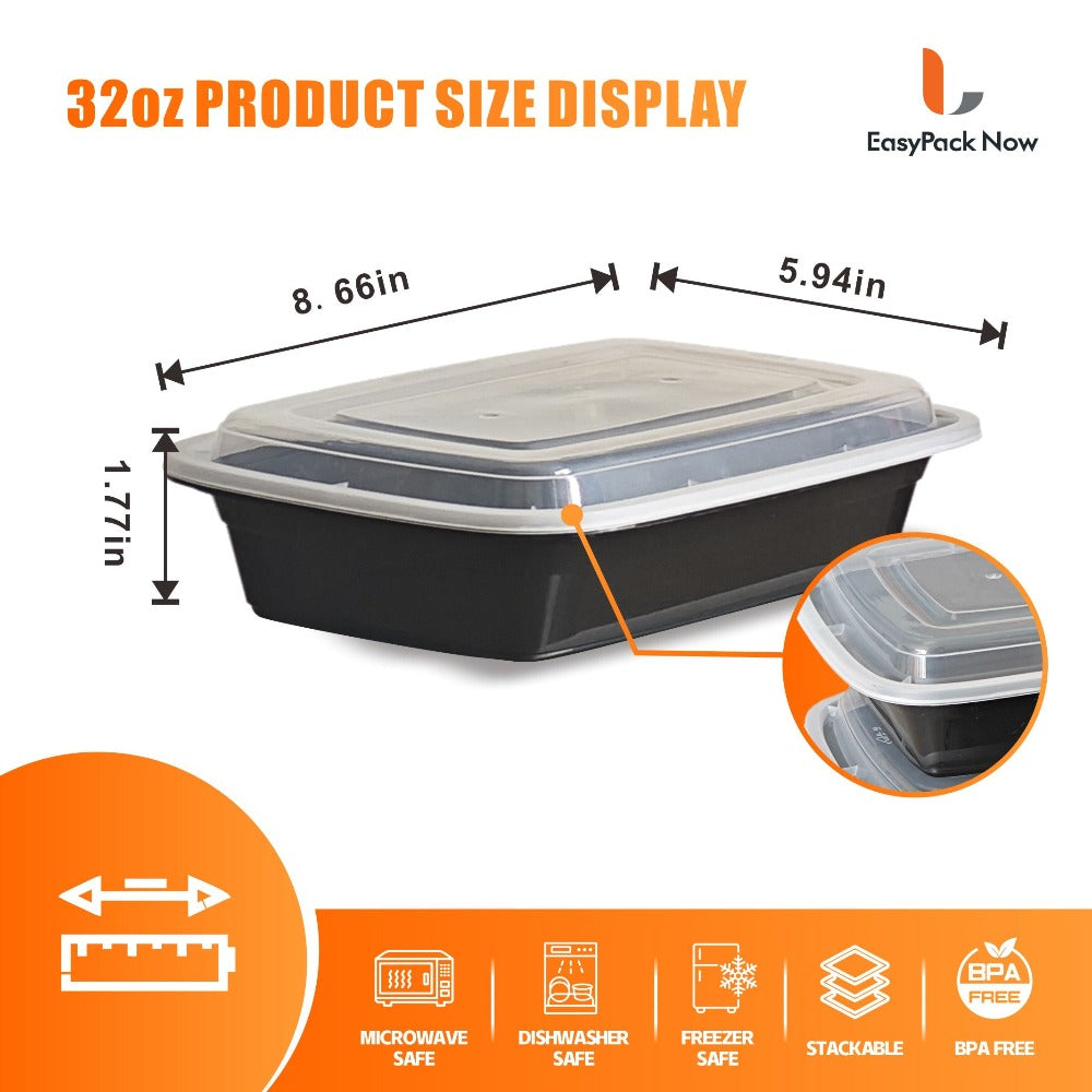 Food Storage Containers 100-Piece Black Meal Prep Set with 50 Boxes, 50 Lids and 32 oz Capacity