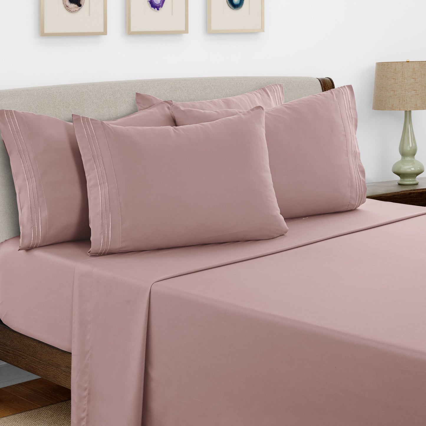Bed Sheet Set Brushed Microfiber with Embroidered Pillowcases, 16-Inch Pocket and 4- or 6-Piece Sizing