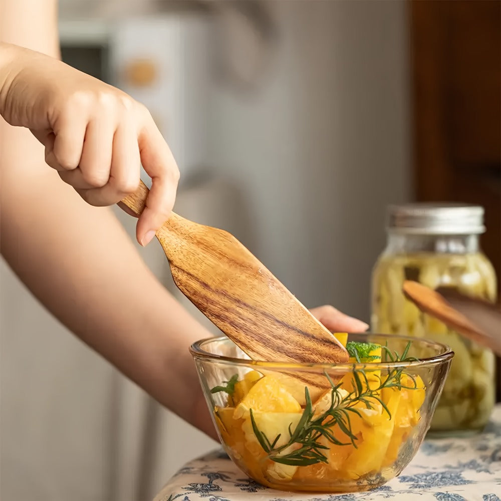 Kitchen Utensils Five-Piece Teak Wood Spurtles and Spatulas with Brown Grain and Hanging Holes for Cooking