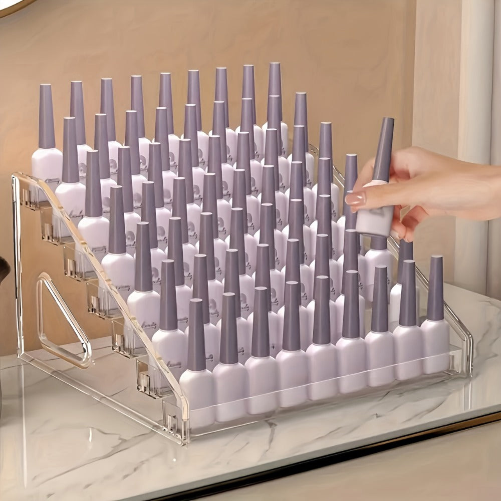 Four-Tier Transparent Nail Polish Organizer with Stepped Rows, Side Panels and Countertop Display Design