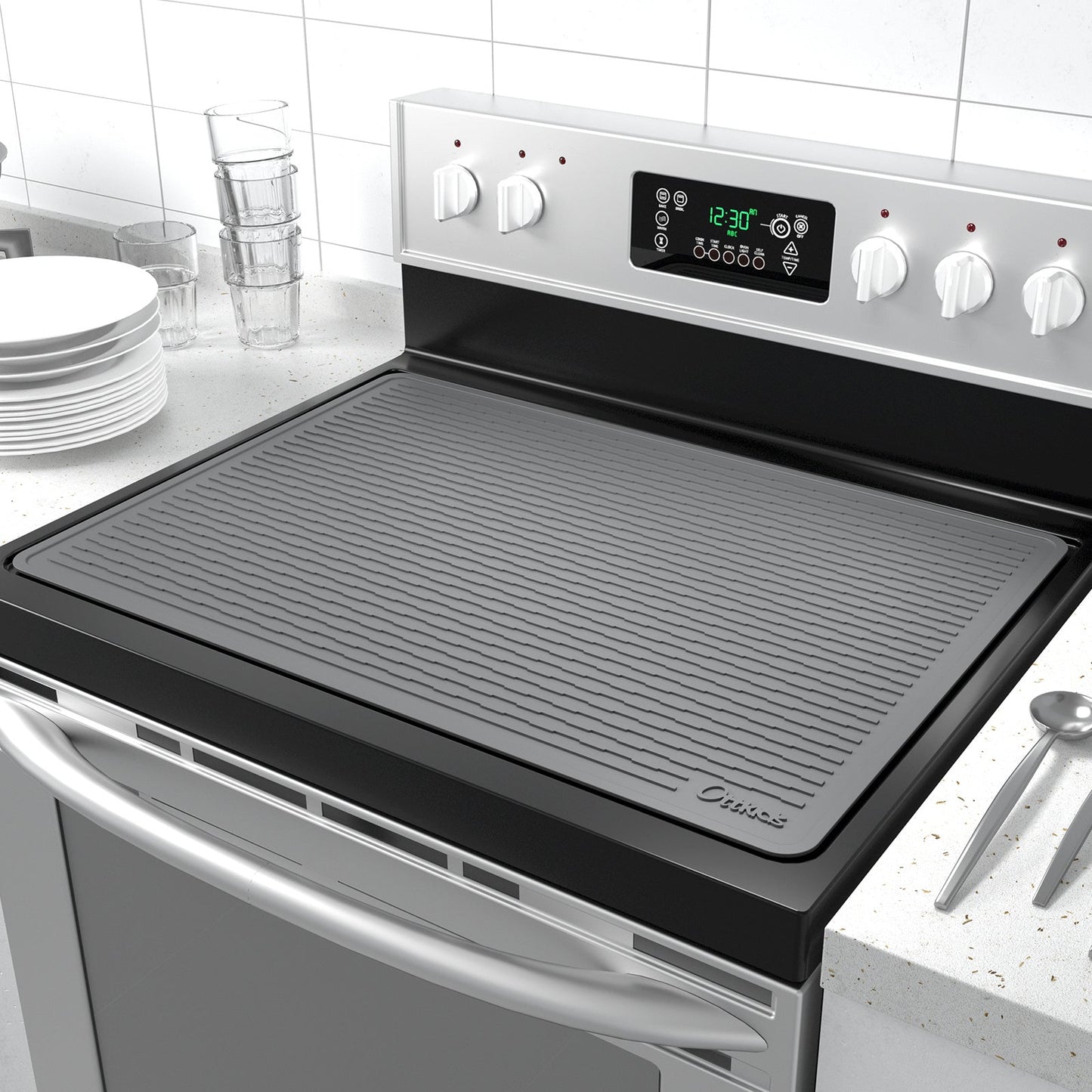 Kitchen Mat, 30x21-Inch Silicone Stove Cover and Counter Drying Pad in Gray or Black with Striped Surface