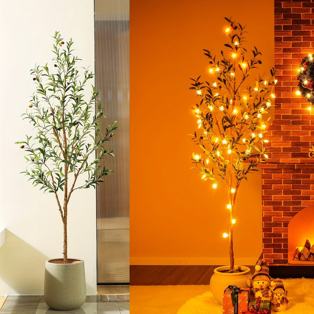 Slender Potted Olive Artificial Tree with Complete 4, 5, 6 and 7 ft Height Options and Faux Fruit Detail