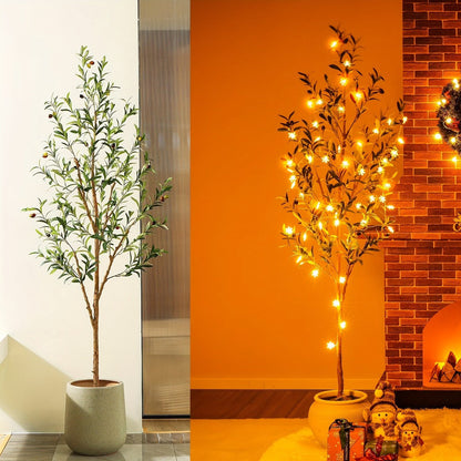 Slender Potted Olive Artificial Tree with Complete 4, 5, 6 and 7 ft Height Options and Faux Fruit Detail