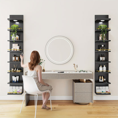 Floating Wall Shelves with LED Light - 6 & 8 Tier Wall Mounted Display Shelf Unit with Anti-Slip Rails for Bedroom, Living Room, Bathroom, Office & Dorm - Modern Space Saving Shelf (Black / White)