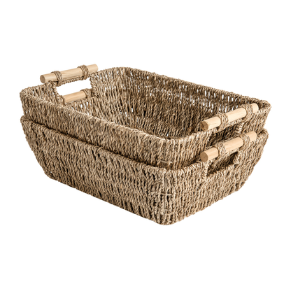 Water Hyacinth Woven Storage Baskets 2-Pack with Wooden Handles in Natural Seagrass Options