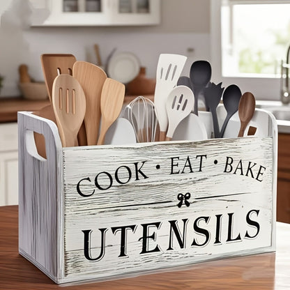 Three-Compartment Rustic-Look Kitchen Utensil Organizer in Grey White with Removable Top Panel