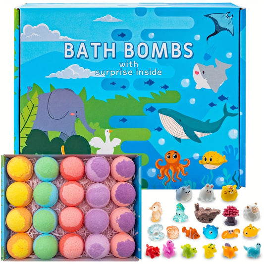 Kids Bath Bombs with Surprise Inside 20 Pack - Fizzy Bath Balls with Hidden Toy for Boys Girls Toddlers, Animal & Ocean Theme, Lavender Scent, Fun Educational Birthday Christmas Easter Gift Set