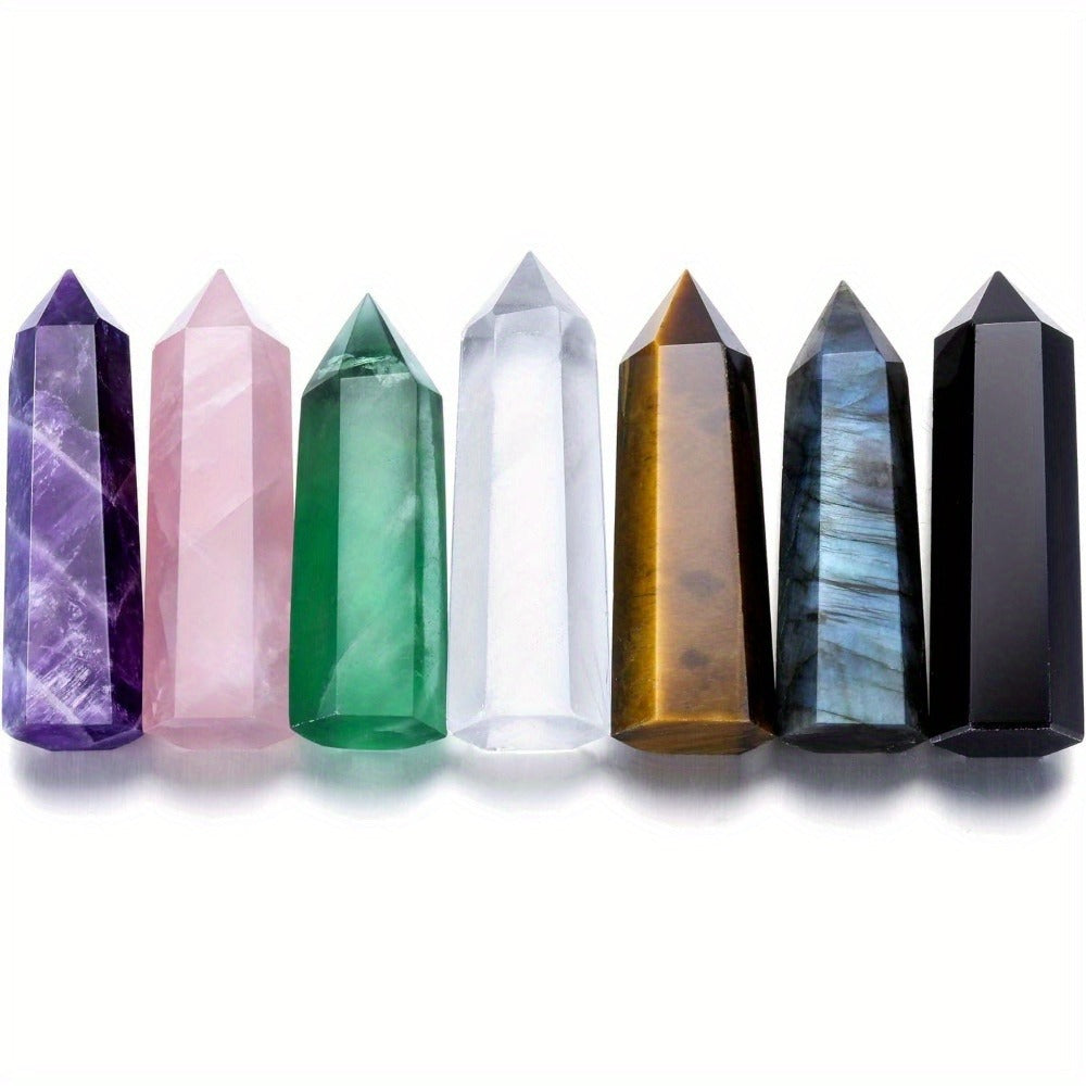 Natural Rainbow Fluorite Crystal Tower Set 7PCS – Hand-Polished Hexagonal Gemstone Obelisks 2.2 Inch, Crystal Points for Home Decor, Meditation, Reiki & Holiday Gift, Eco-Crafted Mineral Collection