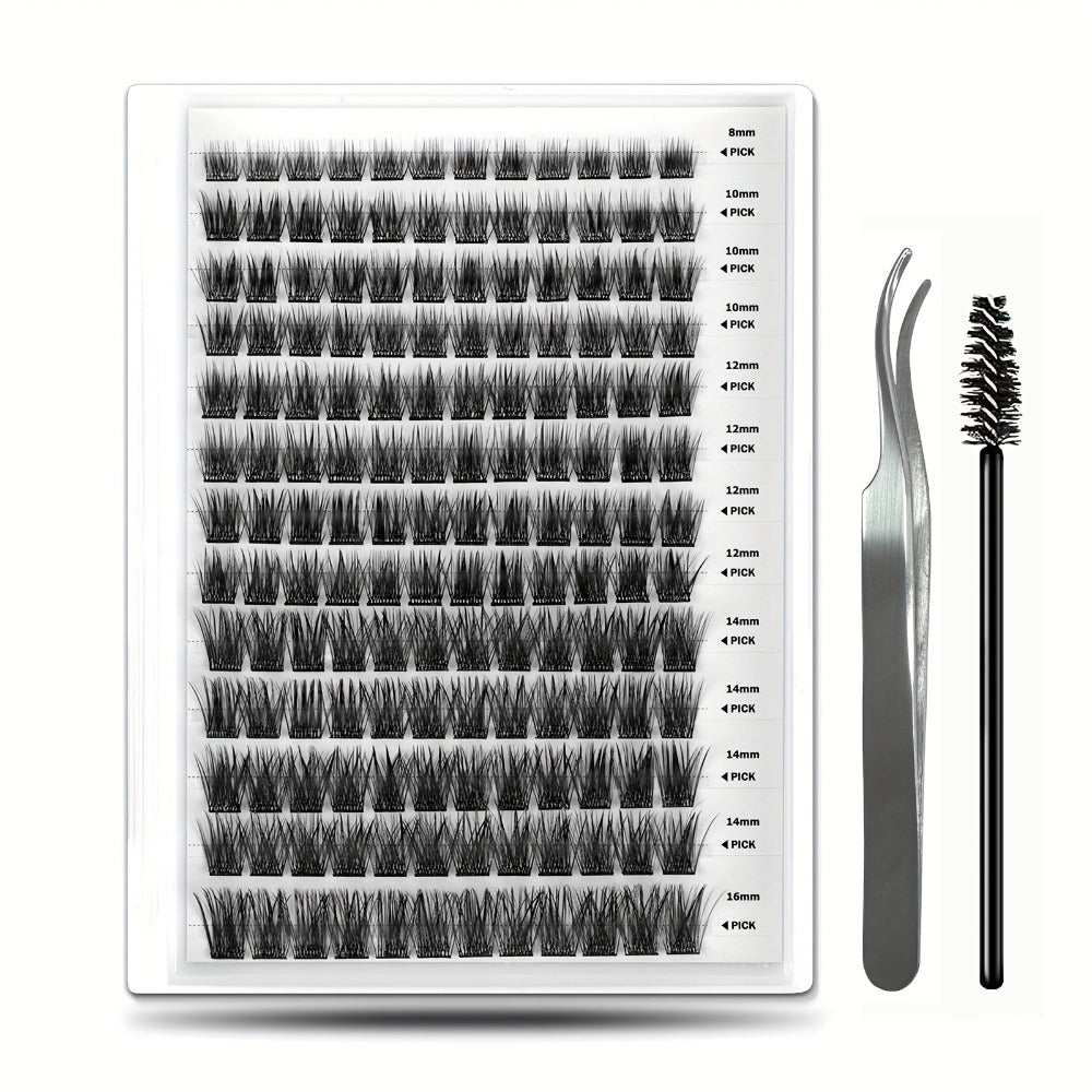 156-Piece Mixed Self-Adhesive Lash Cluster Tray with Black Tweezers and Spoolie Brush in Mixed Style