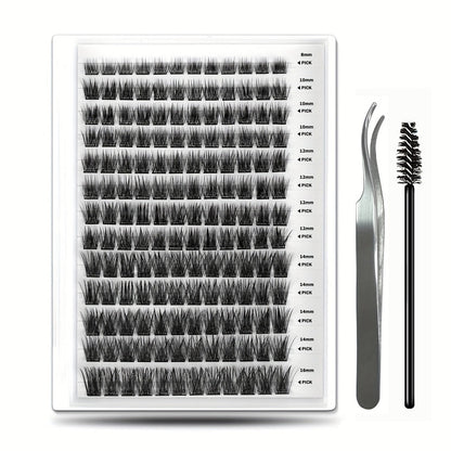 156-Piece Mixed Self-Adhesive Lash Cluster Tray with Black Tweezers and Spoolie Brush in Mixed Style