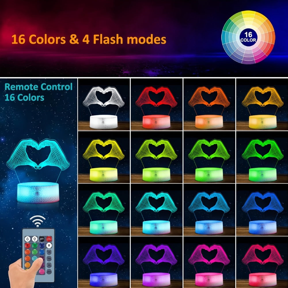 Heart Hands Acrylic LED Night Light with 16 Colors, Touch and Remote Controls and Three Base Styles