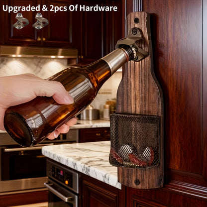 Wall-Mounted Bottle Opener with Rustic Wood-Look Backboard, Metal Cap Catcher Basket and Two-Piece Hardware Set