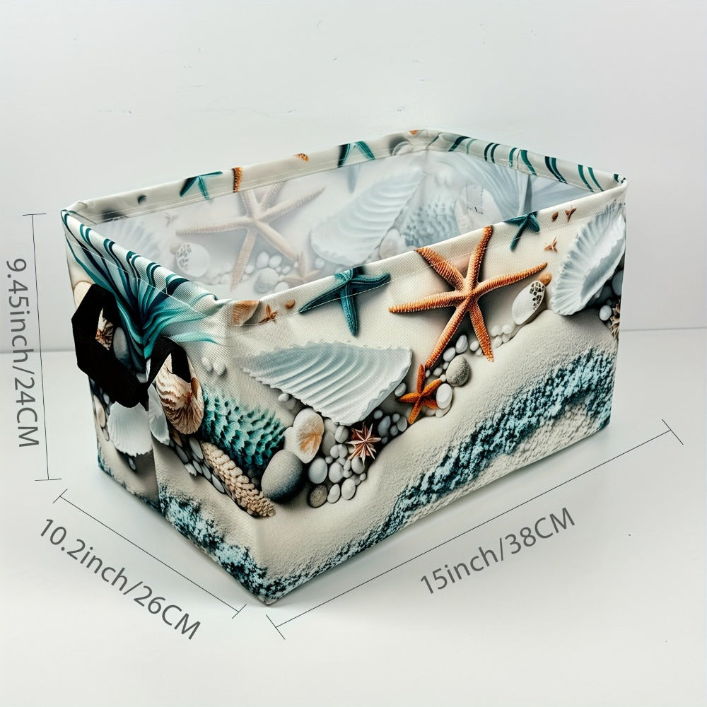 Fabric Storage Basket with Beach Shell and Starfish Print for Shelves and Room Organization