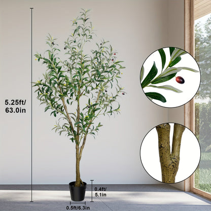 Multi-Branched Artificial Olive Tree with 5.25, 6 or 7 ft Height Options, Decorative Fruit and Black Nursery Pot
