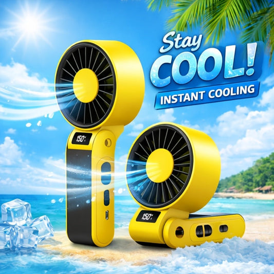 Handheld Fan USB-C Rechargeable 150-Speed Stepless Adjustable Turbo Fan LED Display Foldable Wearable Neck Desk Fan for Outdoor Travel Office Camping Black White Yellow