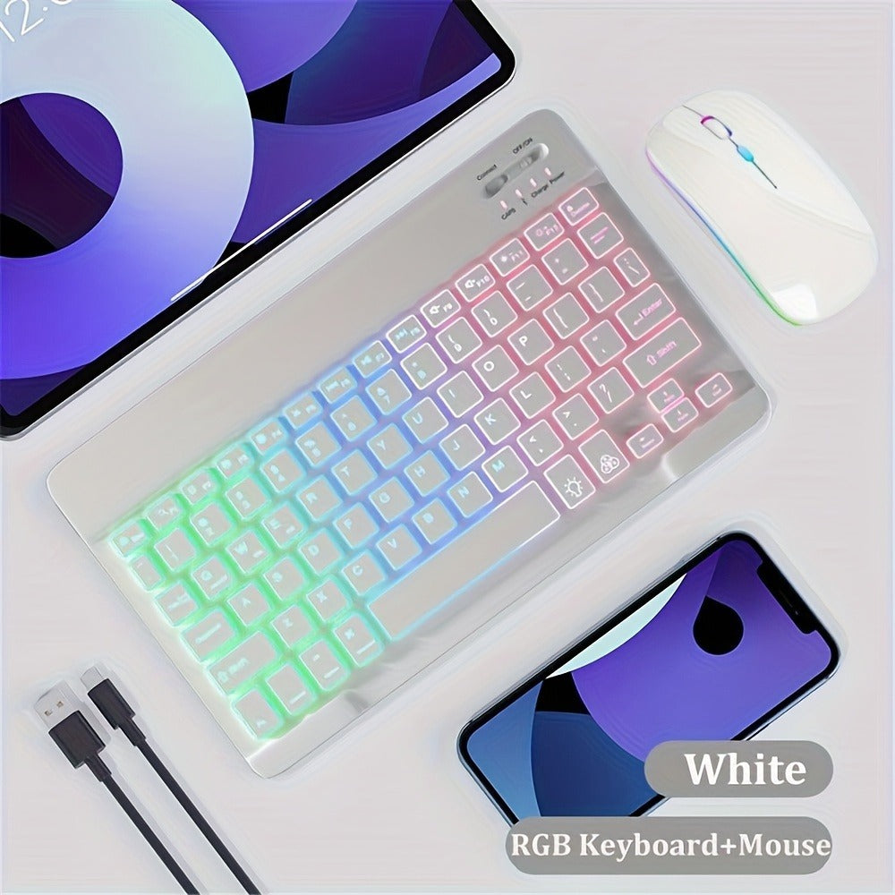 Slim White Wireless Keyboard and Mouse Set with Rechargeable Type-C Keyboard and Backlit Key Presentation