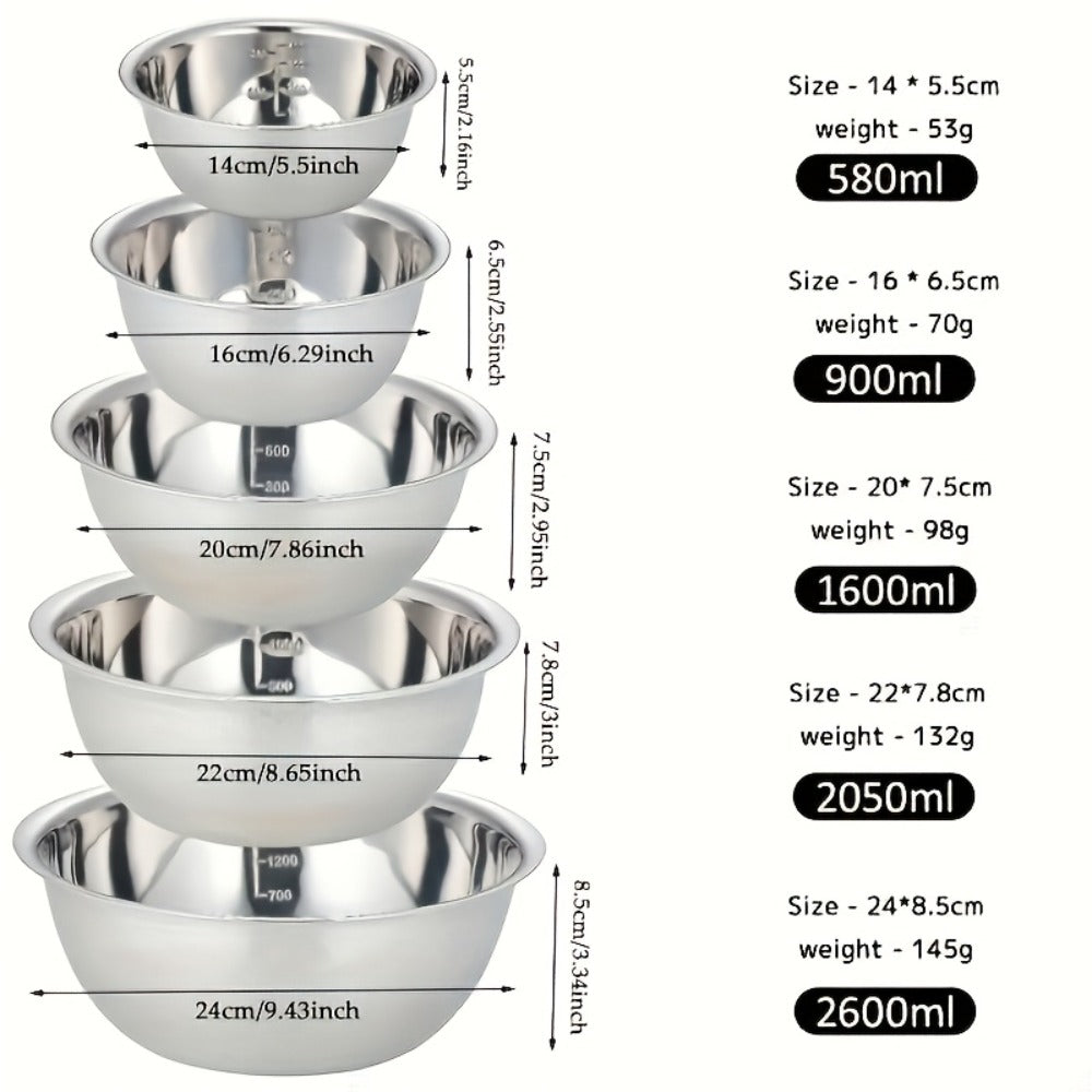 Stainless Steel Mixing Bowl Set 5-Pack with Measurement Markings for Kitchen Cooking Baking Salad Vegetable Washing Fruit Serving & Meal Prep – Stackable Nesting Bowls