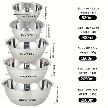 Stainless Steel Mixing Bowl Set 5-Pack with Measurement Markings for Kitchen Cooking Baking Salad Vegetable Washing Fruit Serving & Meal Prep – Stackable Nesting Bowls