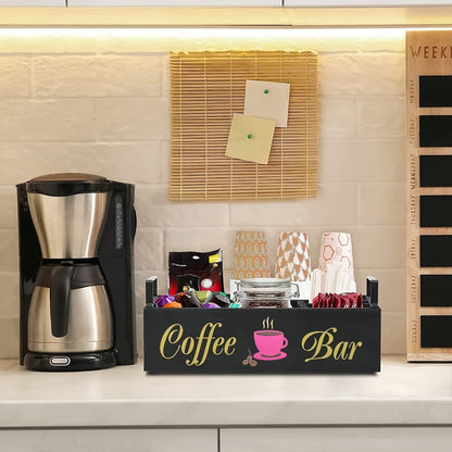 Coffee Bar Organizer Wooden Farmhouse Style - Rustic COFFEE BAR Sign Storage Tray for Pods Sugar Creamer Accessories, Waterproof Rectangular Countertop Organizer for Kitchen Coffee Station Decor