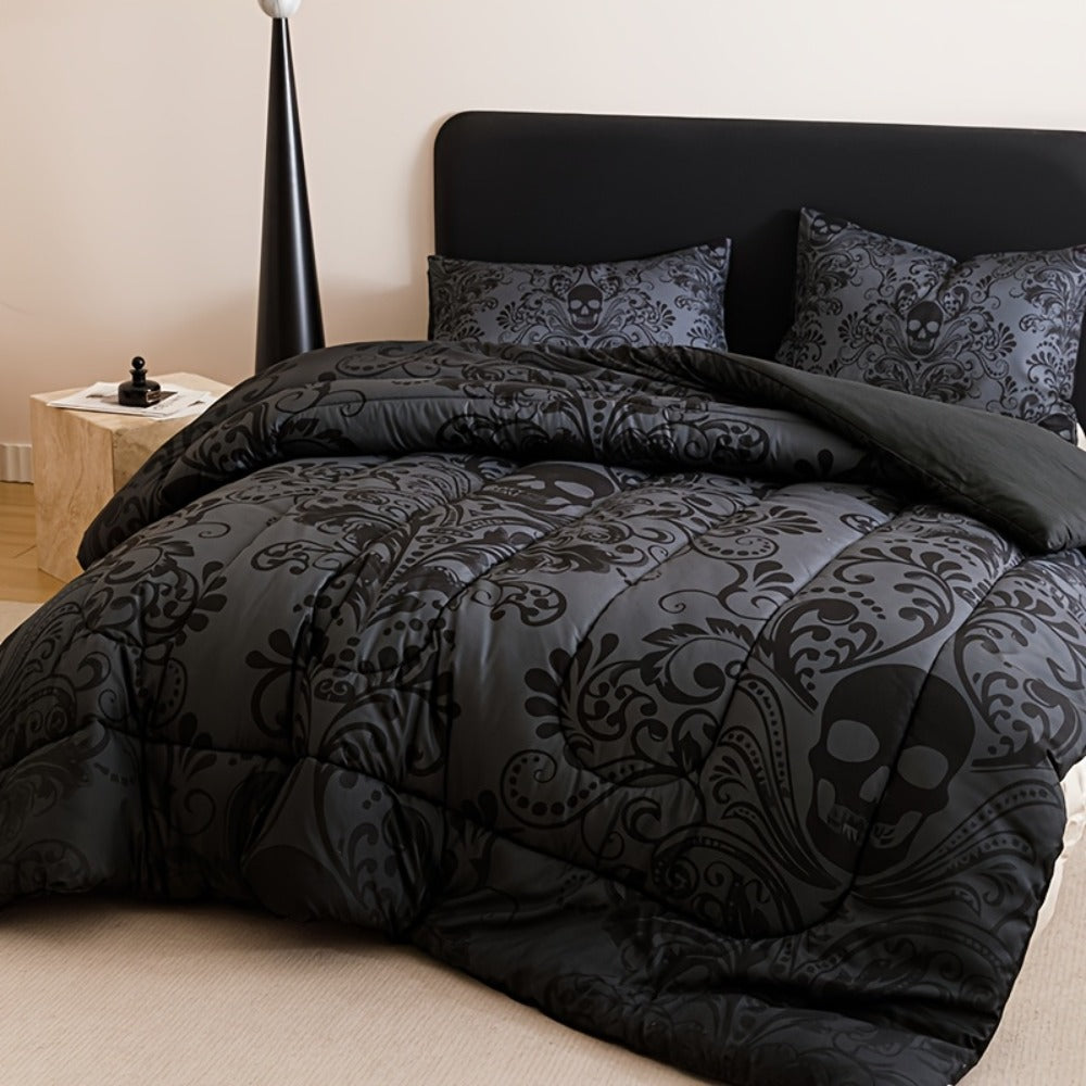 Gothic Skull Comforter Set with Two Pillowcases, Two Design Labels and Twin through King Sizes