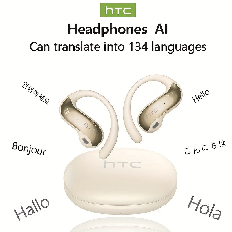 HTC NE19 Open-Ear AI Translation Earbuds with Oval Charging Case in Black, Gunmetal, Beige or Purple