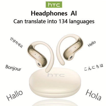 HTC NE19 Open-Ear AI Translation Earbuds with Oval Charging Case in Black, Gunmetal, Beige or Purple