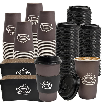 Disposable Paper Coffee Cups 50 Pack 16oz with Lids Sleeves Stirrers Hot Cold Beverage Cup for Coffee Tea Juice Home Office Cafe