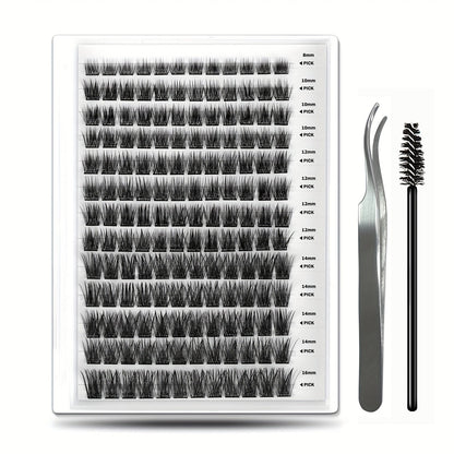 156-Piece Mixed Self-Adhesive Lash Cluster Tray with Black Tweezers and Spoolie Brush in Mixed Style