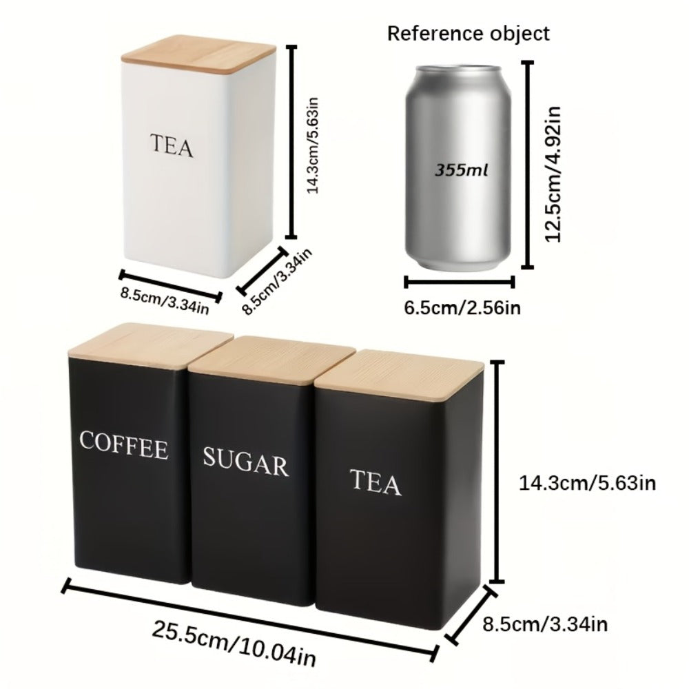 Three Rectangular Metal Canisters for Coffee, Tea and Sugar with Wood-Tone Lids in Black or White