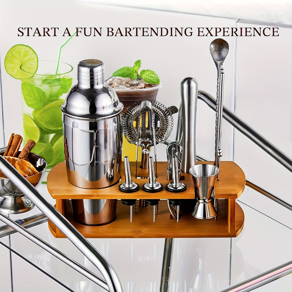 Cocktail Shaker Tool Set with Bamboo-Look Organizer, Jigger, Strainer, Muddler and Pouring Accessories