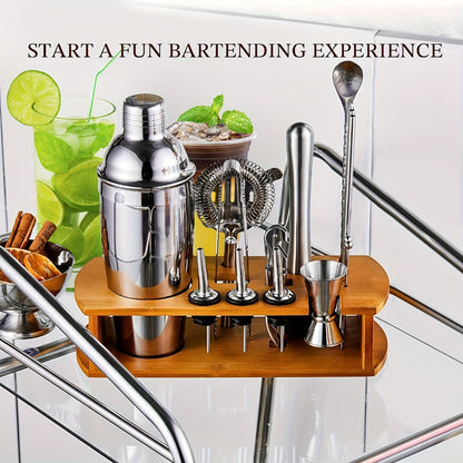 Cocktail Shaker Tool Set with Bamboo-Look Organizer, Jigger, Strainer, Muddler and Pouring Accessories