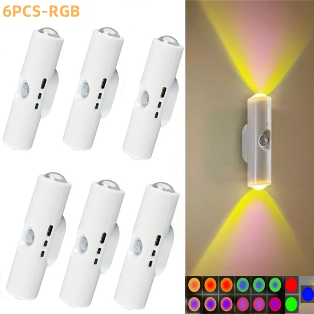 Cat Eye LED Wall Light Motion Sensor – 6 Pack USB Rechargeable Night Lamp, 3 Color Settings, Wireless Auto Sensing No Wiring for Bedroom Stairs Closet Bathroom Hallway (RGB / Three Colors)
