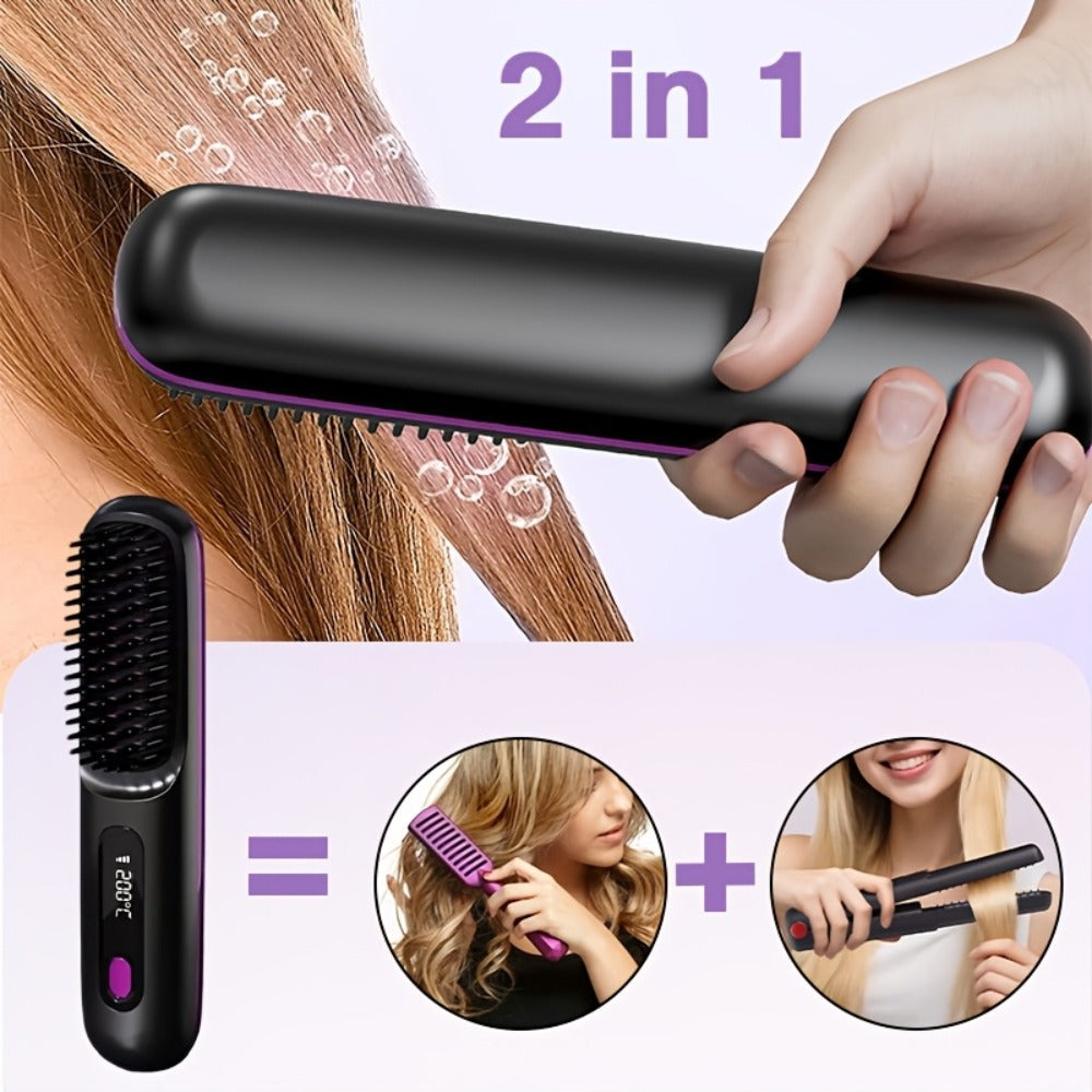 Cordless Straightening Brush Hair Styling Tool with Rechargeable Power and Black or White Finish