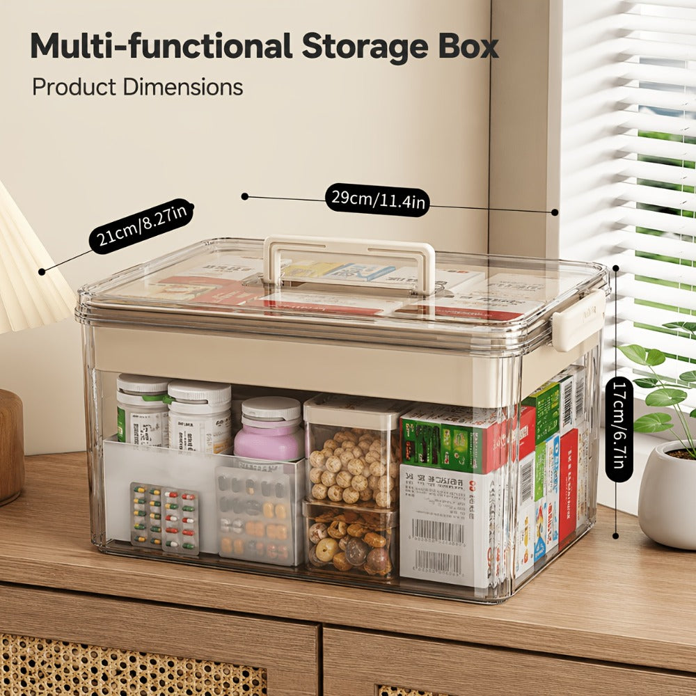 Transparent Medicine Storage Box with Carry Handle, Tiered Tray, 29 x 21 x 17 cm and Two Color Options