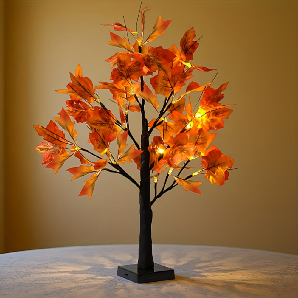 Two-Piece LED Maple Leaf Tree Light Set with 24 Warm Lights, Red Autumn Leaves and Black Branches