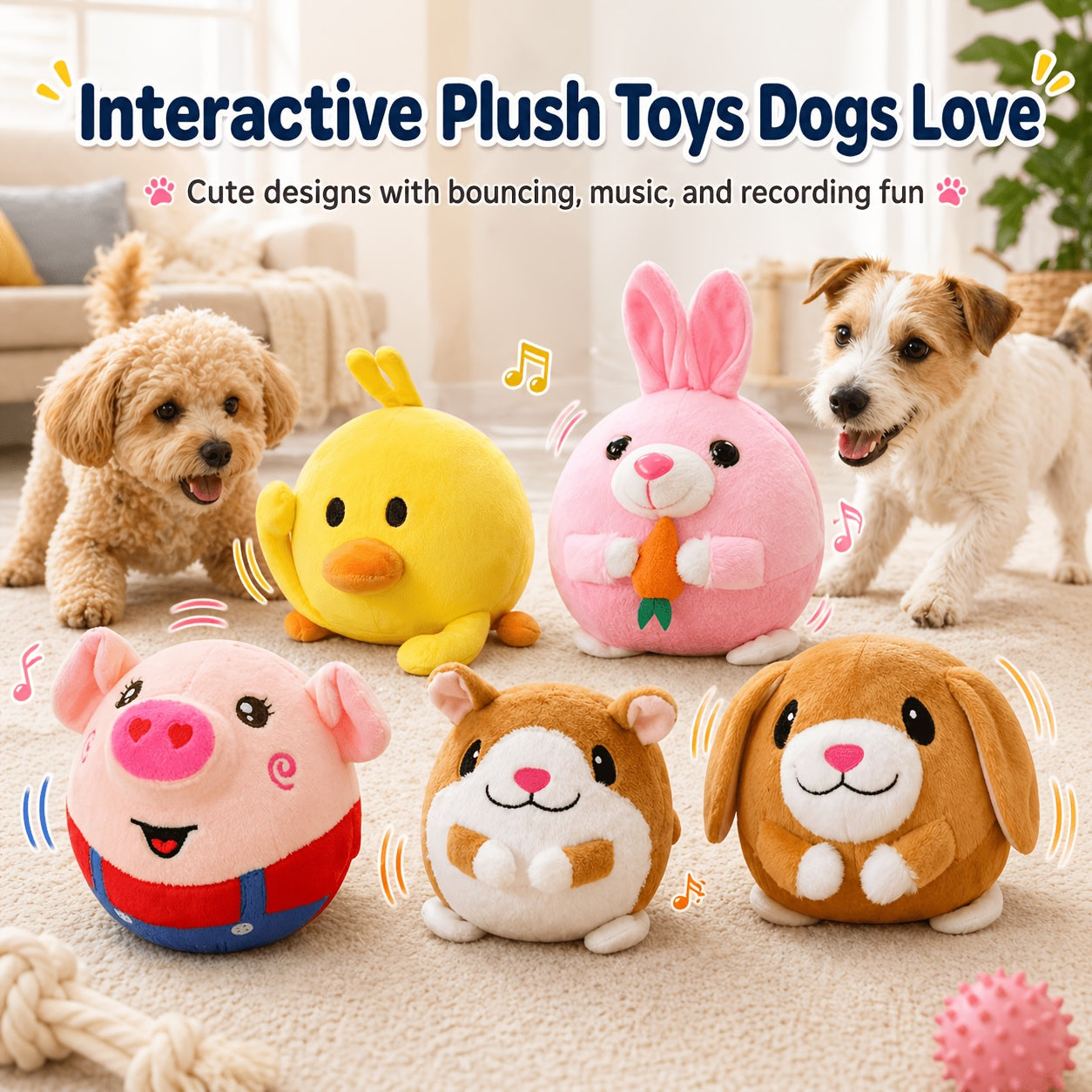 Dog Toy USB-Rechargeable Bouncing Character with Voice Recording, Music and Animal Sound Modes