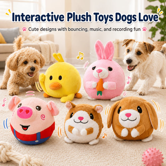 Dog Toy USB-Rechargeable Bouncing Character with Voice Recording, Music and Animal Sound Modes