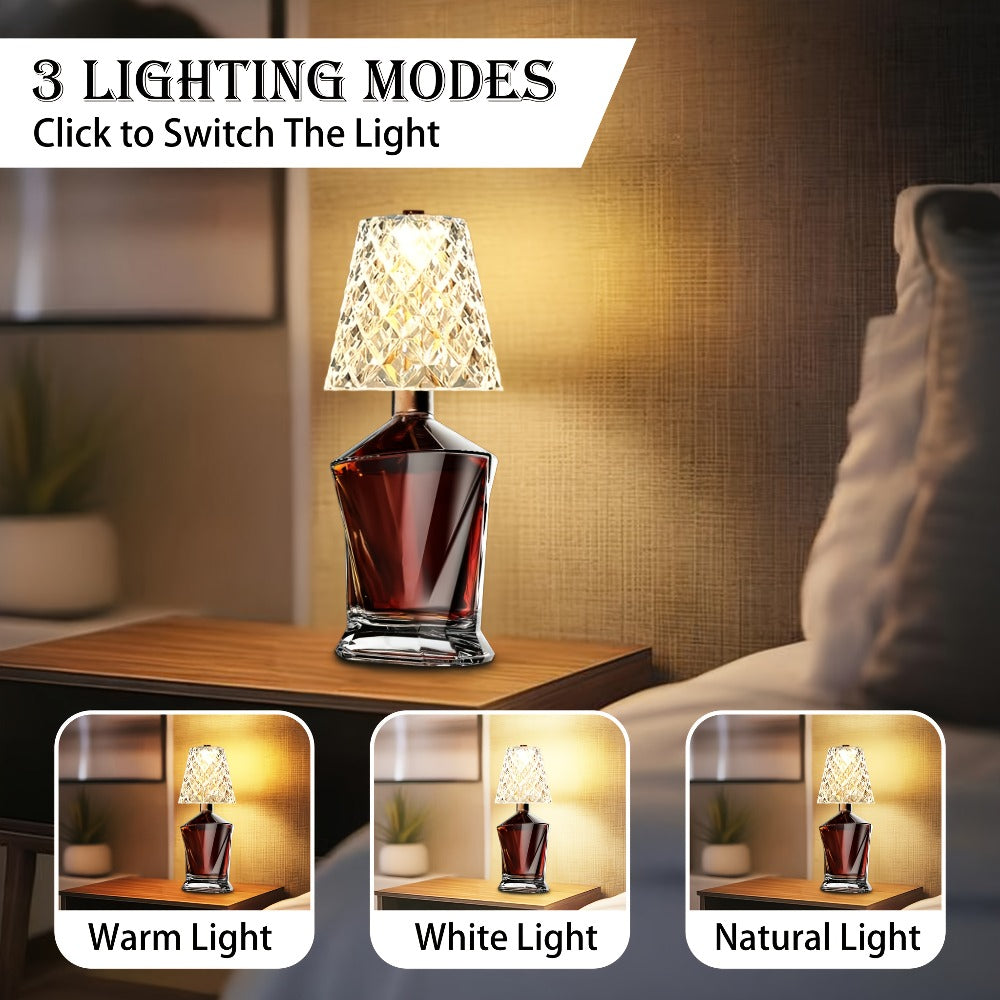 Wireless Wine Bottle Lamp – USB Rechargeable Acrylic Crystal Shade, 3-Color Touch Control Smooth Dimming, 2000mAh Cordless Bottle Light for Bar Decor, Home, Kitchen, Party & Table Ambiance (1pc / 2pcs)