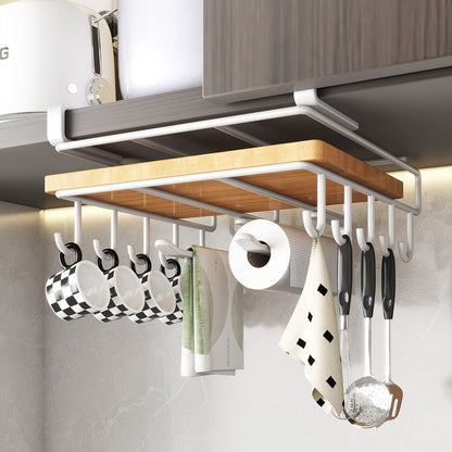 Under Cabinet Organizer Rack with Hooks – Heavy Duty Carbon Steel Kitchen Shelf for Utensils, Towels, Cups & Cutting Boards – No-Drill Door-Mount Space-Saving Kitchen Storage