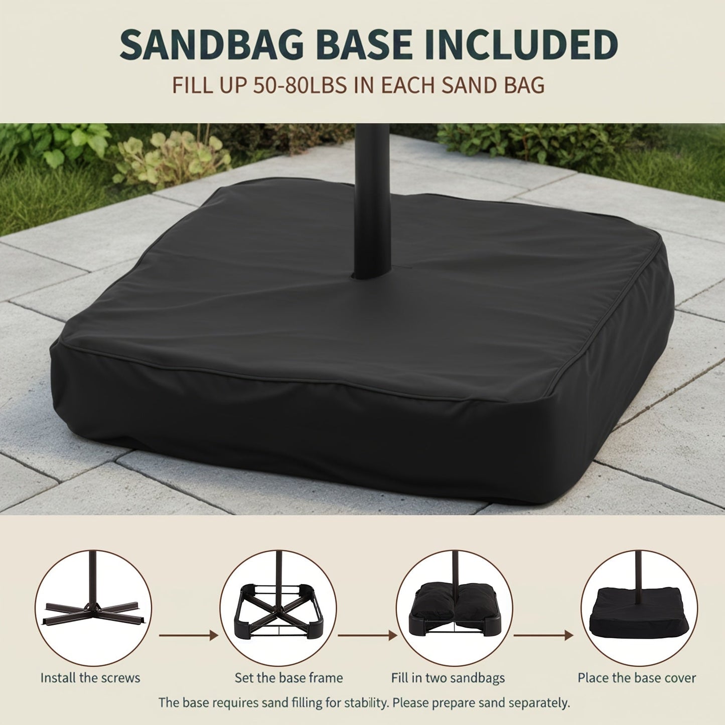Patio Umbrella 10FT Cantilever Hanging Style with Crank, Push Tilt and Variant-Specific Cross Base