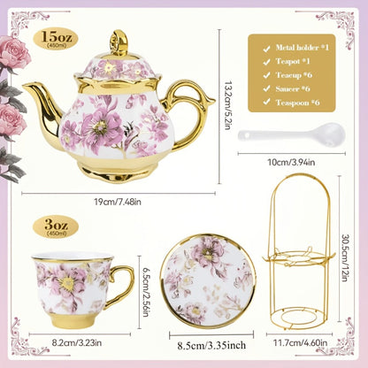 20-Piece Floral Ceramic Tea Set with Saucers & Metal Stand, European Afternoon Tea Service, Blooming Design