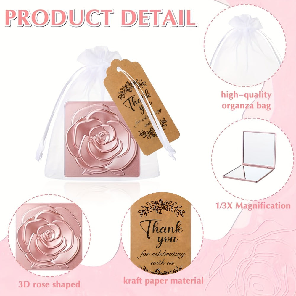 30-Set Rose-Shaped Compact Mirror Favors with Thank-You Tags, Organza Bags and 2.75-Inch Folding Cases